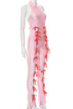 Pink Sexy Solid Bandage Hollowed Out Patchwork O Neck Regular Jumpsuits