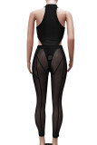 Black Sexy Solid Patchwork See-through O Neck Sleeveless Two Pieces