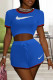 Blue Fashion Casual Embroidery Patchwork O Neck Short Sleeve Two Pieces