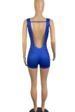 Blue Sexy Print Hollowed Out Patchwork V Neck Regular Rompers