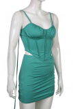 Green Sexy Solid Draw String Spaghetti Strap Sleeveless Two Pieces