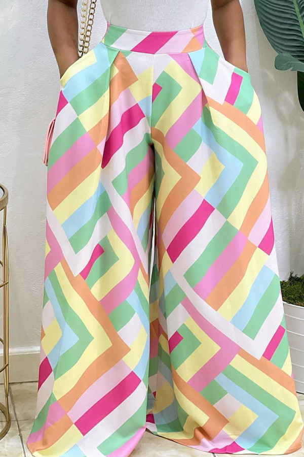 Stripe Casual Print Patchwork Straight Wide Leg Full Print Bottoms