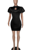 Champagne Casual Solid Patchwork O Neck One Step Skirt Dresses