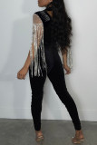 Blue Sexy Solid Tassel Patchwork See-through Hot Drill Half A Turtleneck Skinny Jumpsuits