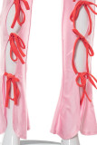 Pink Sexy Solid Bandage Hollowed Out Patchwork O Neck Regular Jumpsuits