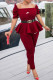 Burgundy Fashion Sexy Print Patchwork Square Collar Short Sleeve Two Pieces