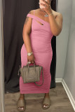 Pink Casual Solid Patchwork Asymmetrical Collar One Step Skirt Dresses