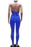 Blue Sexy Solid Hollowed Out Patchwork See-through Halter Sleeveless Two Pieces