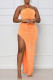 Tangerine Sexy Solid Patchwork Slit Halter Sleeveless Two Pieces