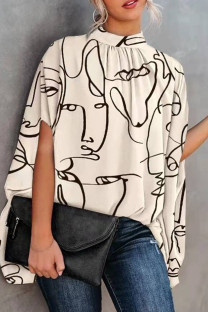 White Casual Print Split Joint O Neck Tops