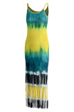 Red-brown Sexy Casual Print Tie Dye Tassel Spaghetti Strap Long Dress
