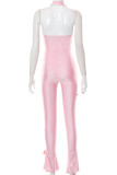 Pink Sexy Solid Bandage Hollowed Out Patchwork O Neck Regular Jumpsuits
