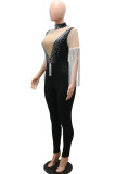 Blue Sexy Solid Tassel Patchwork See-through Hot Drill Half A Turtleneck Skinny Jumpsuits