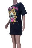 Black Casual Street Print Ripped Patchwork V Neck T-Shirts