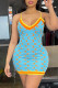 Blue Fashion Sexy Print Patchwork V Neck One Step Skirt Dresses