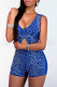 Blue Sexy Print Hollowed Out Patchwork V Neck Regular Rompers