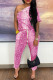Rose Red Casual Print Patchwork Oblique Collar Regular Jumpsuits