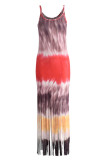Red-brown Sexy Casual Print Tie Dye Tassel Spaghetti Strap Long Dress