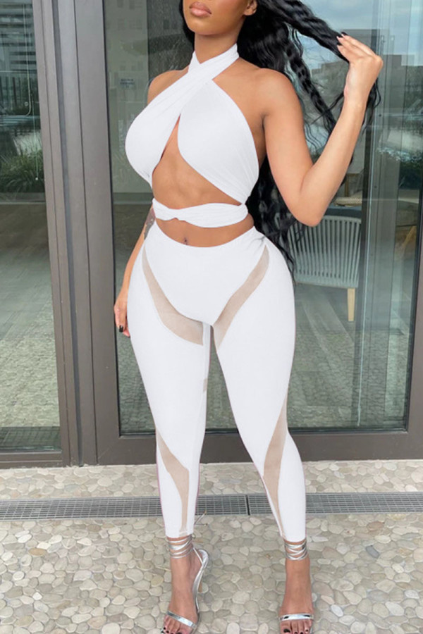 White Sexy Solid Hollowed Out Patchwork See-through Halter Sleeveless Two Pieces