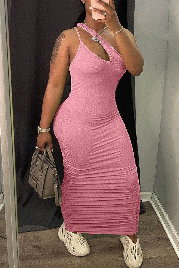 Pink Casual Solid Patchwork Asymmetrical Collar One Step Skirt Dresses