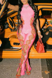 Pink Sexy Solid Bandage Hollowed Out Patchwork O Neck Regular Jumpsuits