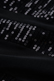 Black Fashion Sexy Patchwork Sequins See-through Backless One Shoulder Sleeveless Dress