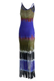 Red-brown Sexy Casual Print Tie Dye Tassel Spaghetti Strap Long Dress