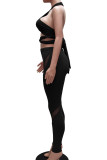 Blue Sexy Solid Hollowed Out Patchwork See-through Halter Sleeveless Two Pieces