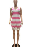 Pink Casual Striped Print Patchwork V Neck Dresses