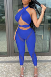 Blue Sexy Solid Hollowed Out Patchwork See-through Halter Sleeveless Two Pieces