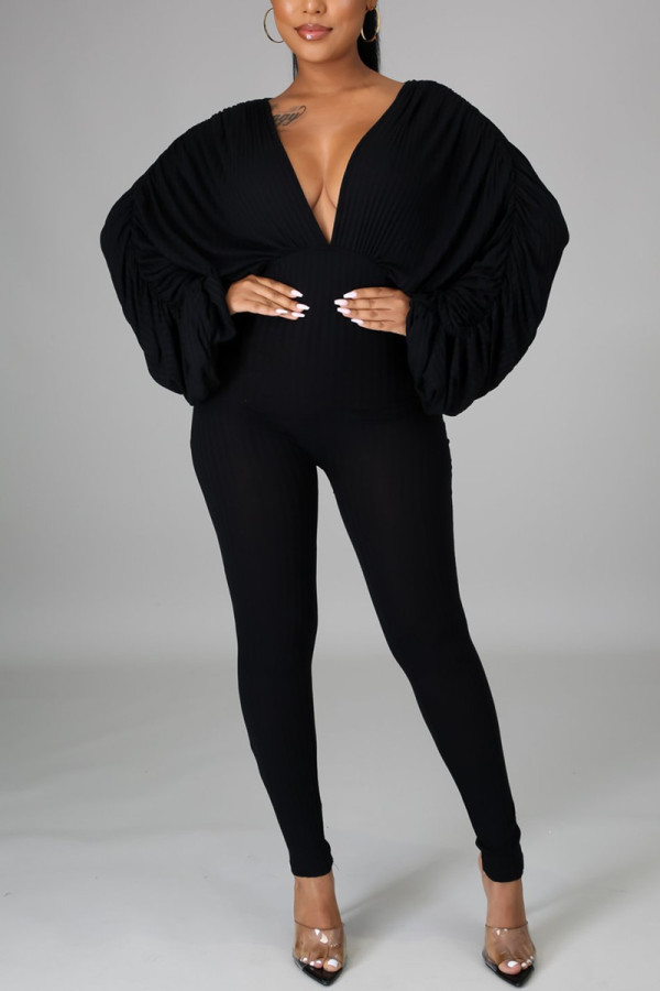 Black Fashion Casual Solid Without Belt V Neck Skinny Jumpsuits