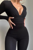 Black Sexy Solid Split Joint See-through V Neck Regular Jumpsuits