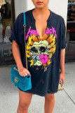Black Casual Street Print Ripped Patchwork V Neck T-Shirts