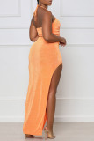 Tangerine Sexy Solid Split Joint Slit Halter Sleeveless Two Pieces