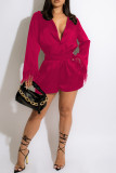 Rose Red Casual Solid Split Joint Buckle Feathers Turndown Collar Long Sleeve Two Pieces