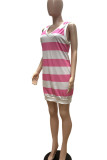 Pink Casual Striped Print Patchwork V Neck Dresses