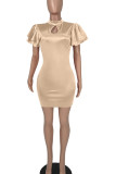 Champagne Casual Solid Patchwork O Neck One Step Skirt Dresses