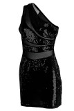 Black Fashion Sexy Patchwork Sequins See-through Backless One Shoulder Sleeveless Dress