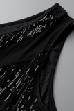 Black Fashion Sexy Patchwork Sequins See-through Backless One Shoulder Sleeveless Dress