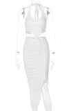 White Sexy Solid Draw String Halter Sleeveless Two Pieces