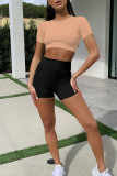 Pink Casual Sportswear Solid Patchwork O Neck Short Sleeve Two Pieces