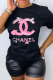 Black Fashion Daily Print Patchwork Letter O Neck T-Shirts