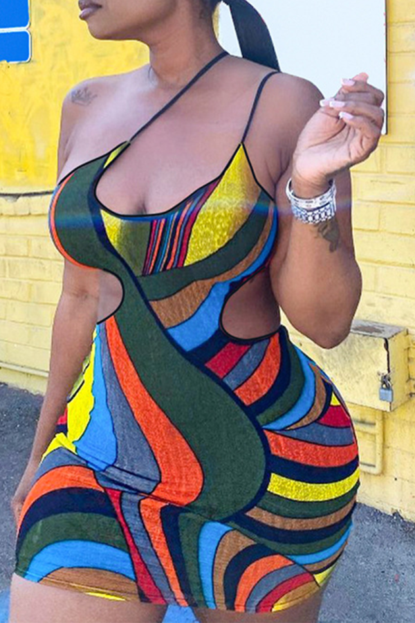 Green Sexy Print Patchwork Spaghetti Strap Pencil Skirt Dresses
