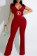 Red Fashion Sexy Print Letter V Neck Jumpsuits