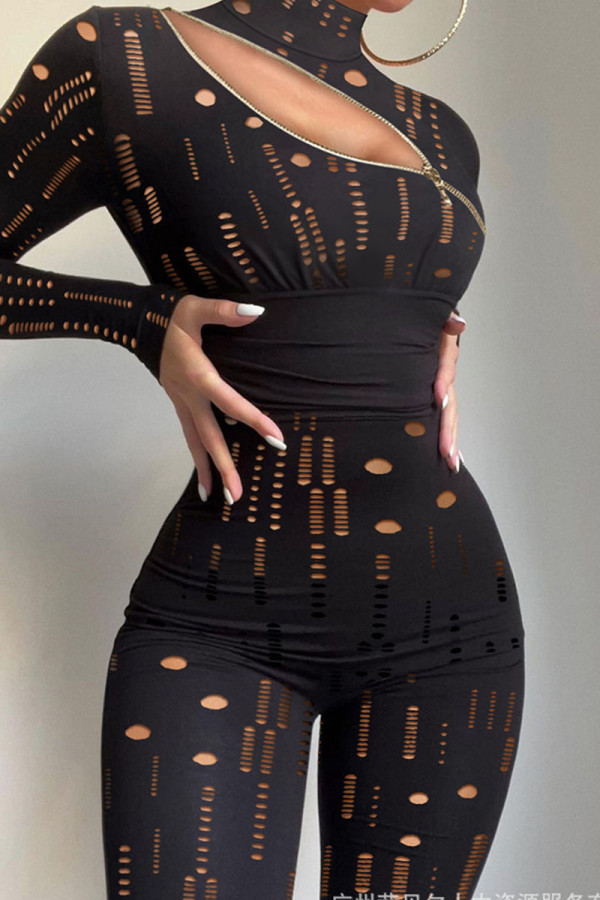 Black Silver Sexy Solid Patchwork See-through V Neck Regular Jumpsuits