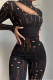 Black Silver Sexy Solid Patchwork See-through V Neck Regular Jumpsuits