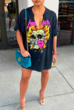 Black Casual Street Print Ripped Patchwork V Neck T-Shirts