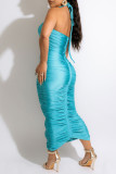 Light Blue Sexy Solid Bandage Hollowed Out Split Joint Halter One Step Skirt Dresses