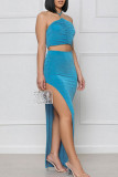 Blue Sexy Solid Split Joint Slit Halter Sleeveless Two Pieces
