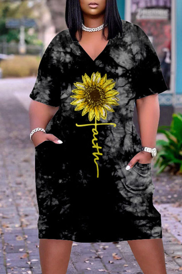 Black Yellow Casual Print Patchwork V Neck Dresses